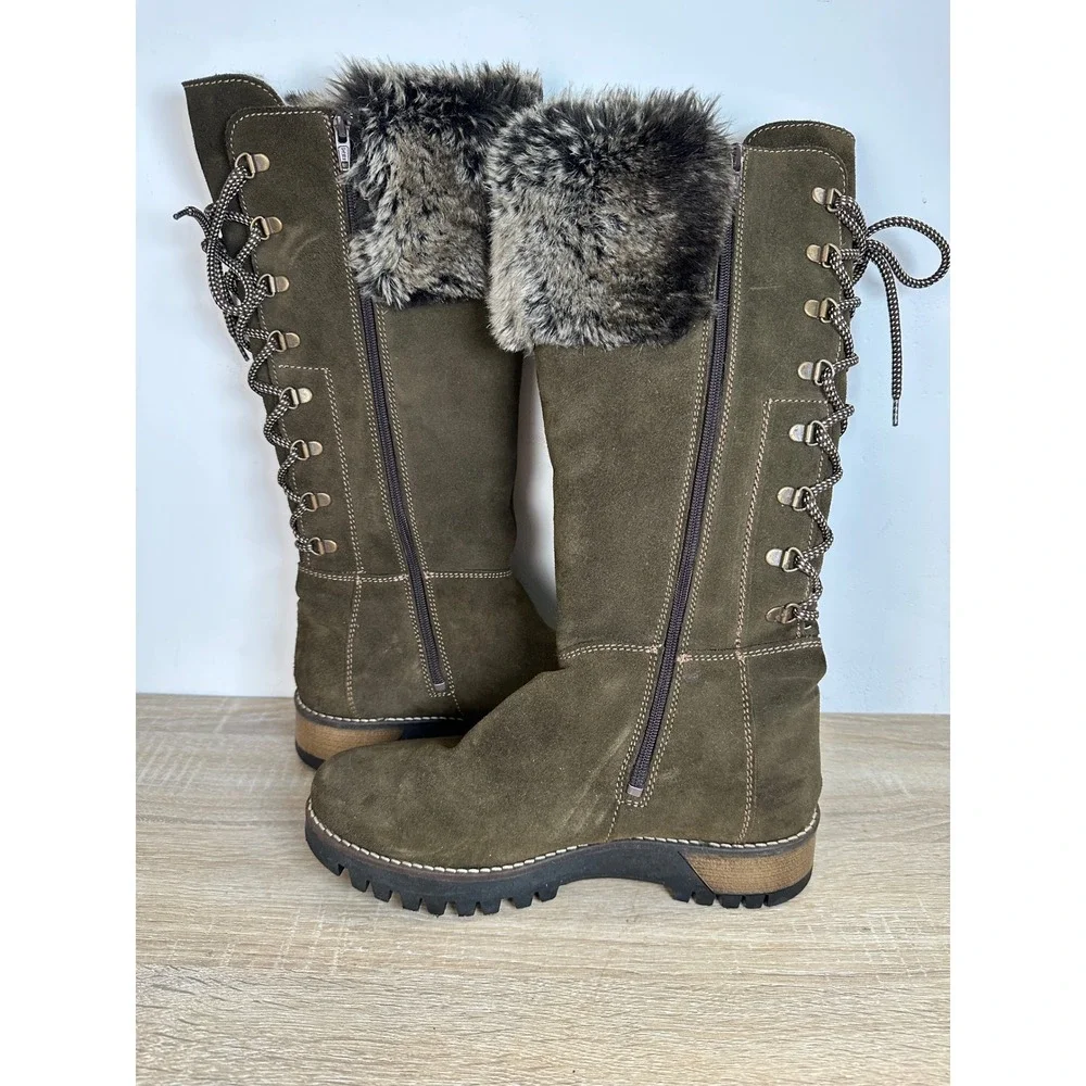 Bos & Co. Olive Green Suede Faux Fur Trim Lace Up Back Winter Boots Size 39